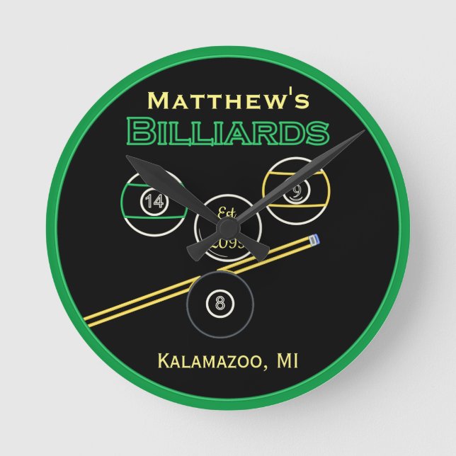 Man Cave Billiards Pool Wall Clock for Game Room (Front)