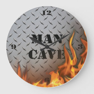 Man Cave Diamondplate Metal and Fire Wall Clock