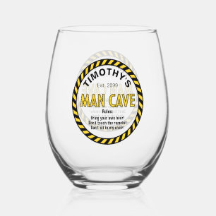 Man Cave LED Sign Caution Tape Stemless Cocktail Wine Glass