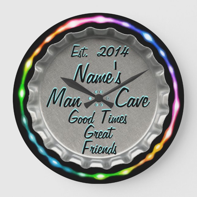 Man Cave Neon Beer Cap Clock! Add NAME & DATE! Large Clock (Front)