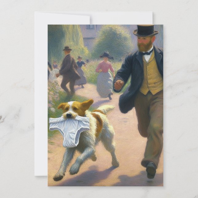 Man chasing dog with underwear thank you card (Front)