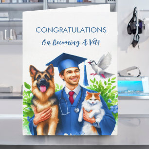 Man Congratulations Veterinarian with Dogs And Cat Card