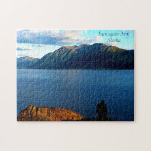 Man Crouches Contemplating Sunset Light in Alaska Jigsaw Puzzle