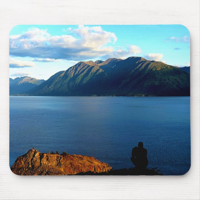 Man Crouches Contemplating Sunset Light in Alaska Mouse Pad (Front)