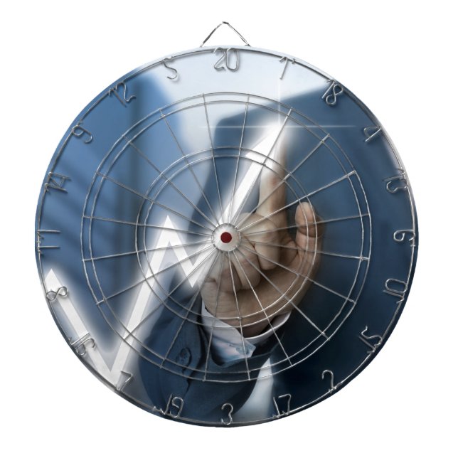 Man draws stock price touchscreen concept dartboard (Front)