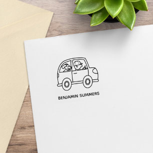 Man Driving Car with Dog Custom Name 1x1 Rubber Stamp