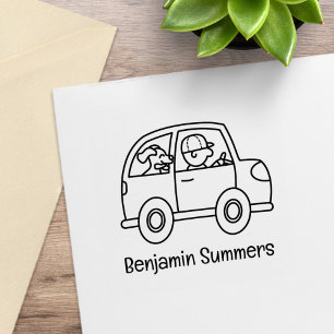 Man Driving Car with Dog Custom Name Rubber Stamp