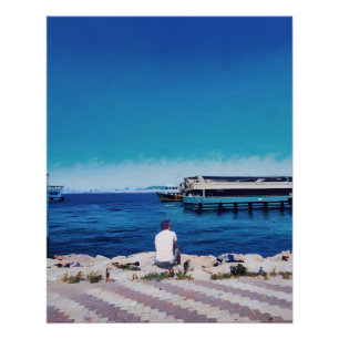 Man Enjoys Serene Harbour View With Boats Poster