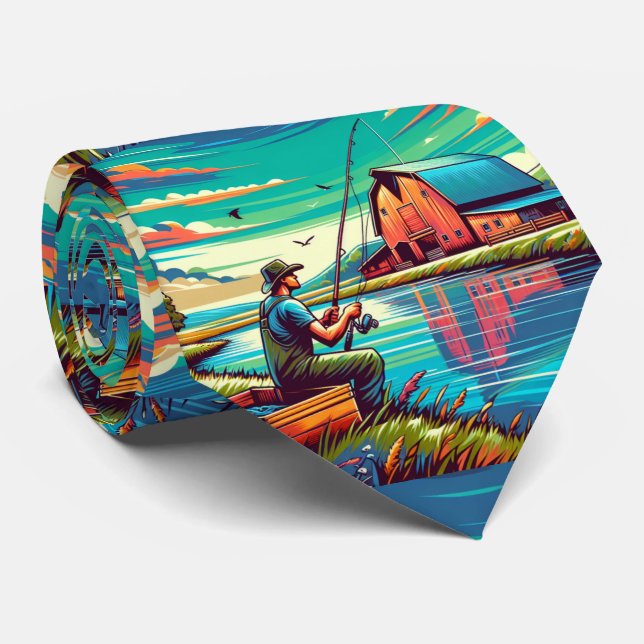 Man Fishing In a Pond By A Barn Tie (Rolled)