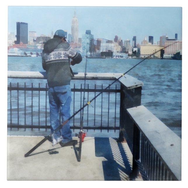 Man Fishing Off Hoboken Pier Ceramic Tile (Front)