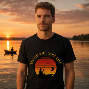 Man Fishing Retro Sunset Lake Life Template T-Shirt