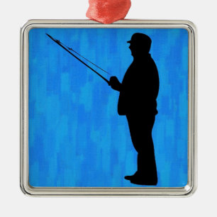 Man fishing with abstract blue background metal tree decoration