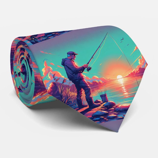 Man Fishing with Sunset Background Tie (Rolled)