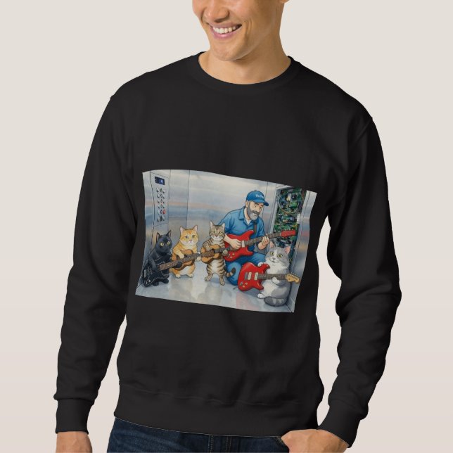Man fixing elevator and playing guitar with cats sweatshirt (Front)