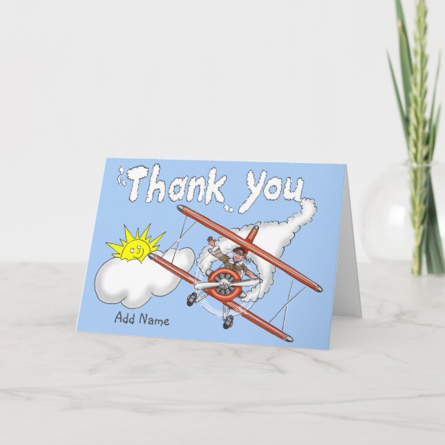 Man Flying Plane Writing Words Thank You In Sky Ca Card (Front)