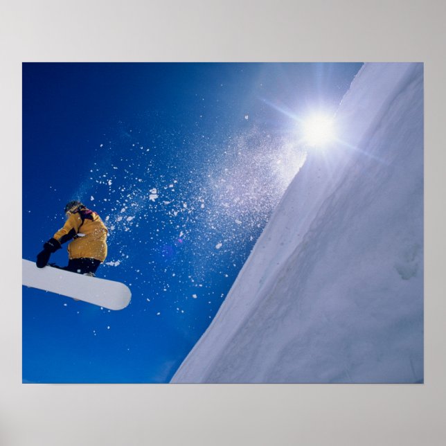 Man flying through the air on a snowboard with poster (Front)
