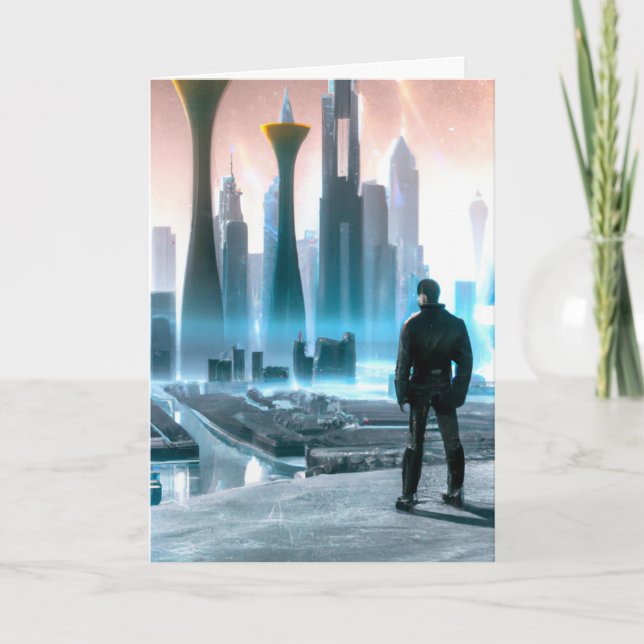 Man Gazing at Futuristic City Birthday Card (Front)