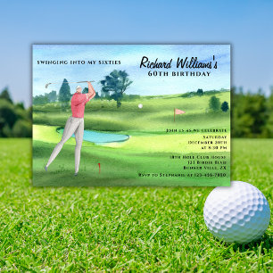 Man Golf Player Swinging Sixties 60th Birthday Invitation