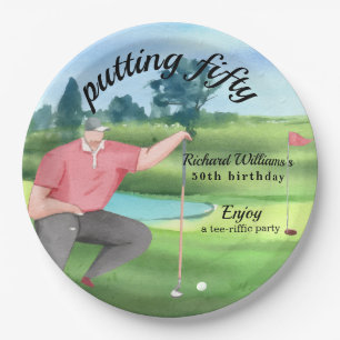 Man Golf Putting Fifty 50th Birthday Paper Plate