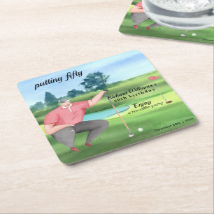 Man Golf Putting Fifty 50th Birthday Square Paper Coaster