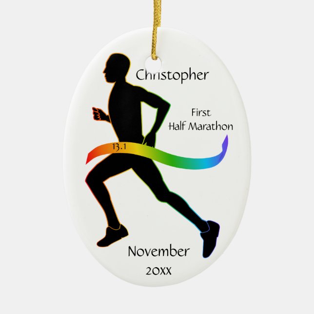 Man Half Marathon Runner Rainbow Ribbon Ornament (Front)