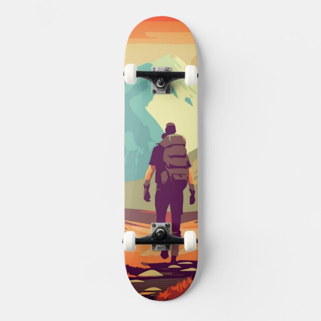 Man Hiking Mountain Valley Adventure Skateboard (Front)