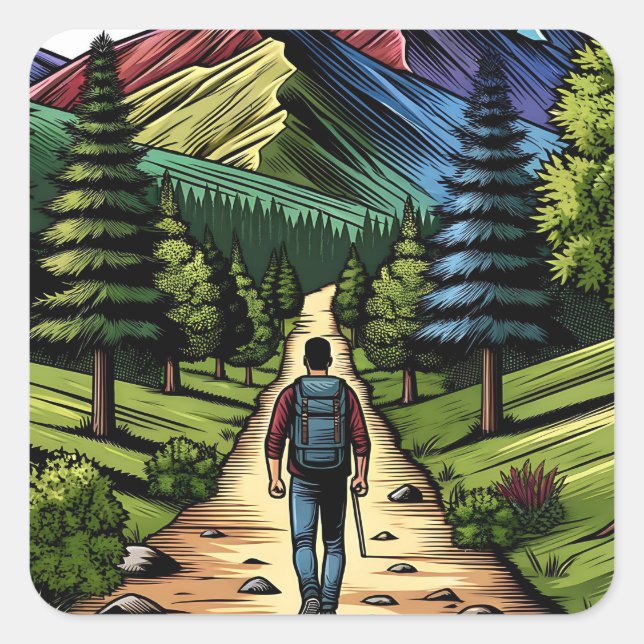 Man Hiking the Trails Square Sticker (Front)