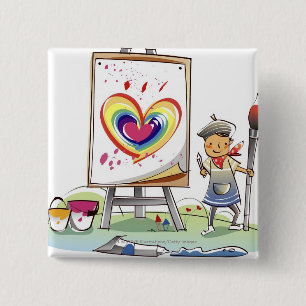 Man holding a paintbrush and standing by an easel 15 cm square badge