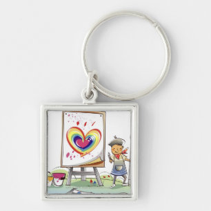 Man holding a paintbrush and standing by an easel key ring