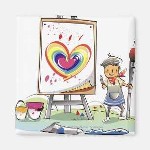 Man holding a paintbrush and standing by an easel magnet