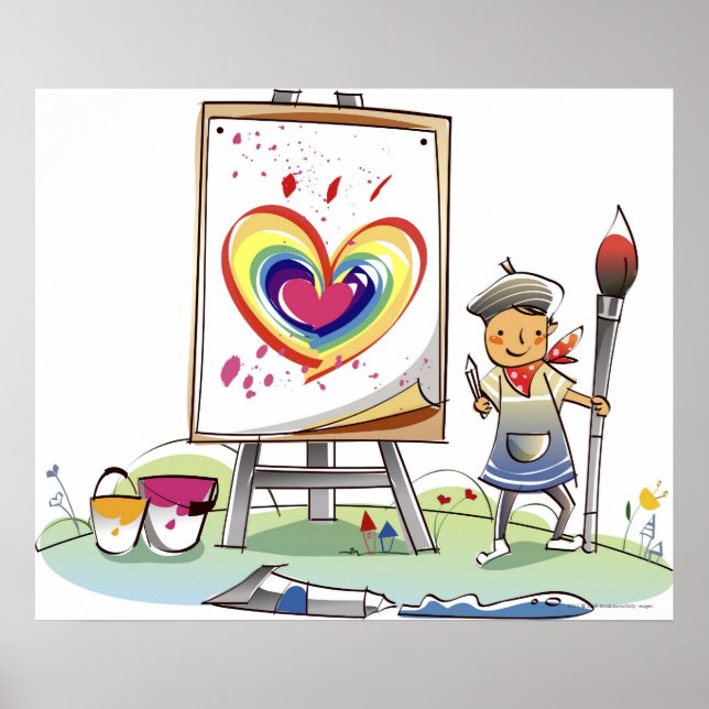 Man holding a paintbrush and standing by an easel poster (Front)