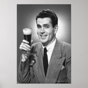 Man holding glass of beer in studio B&W Poster