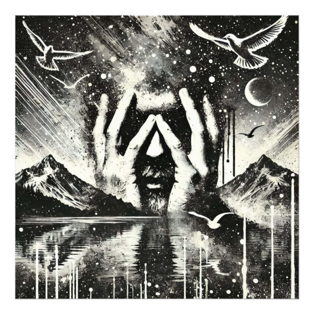 Man Holding His Head in His Palms, Black and White Photo Print (Front)