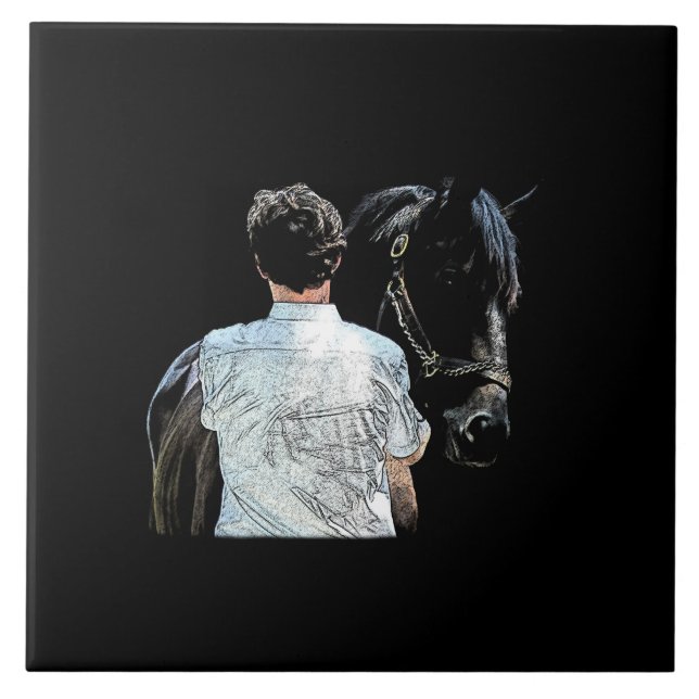 Man Holding Horse Dark Ceramic Tile (Front)