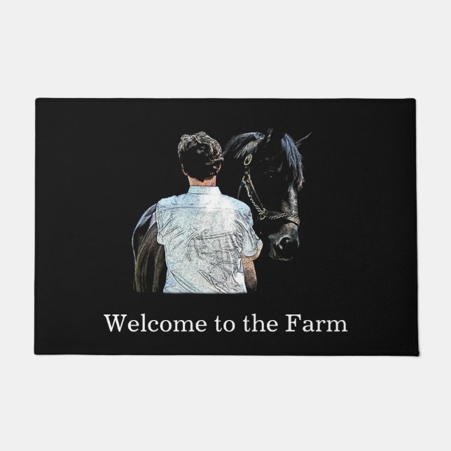 Man Holding Horse Dark Door Mat (Front)