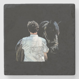 Man Holding Horse Dark Stone Coaster