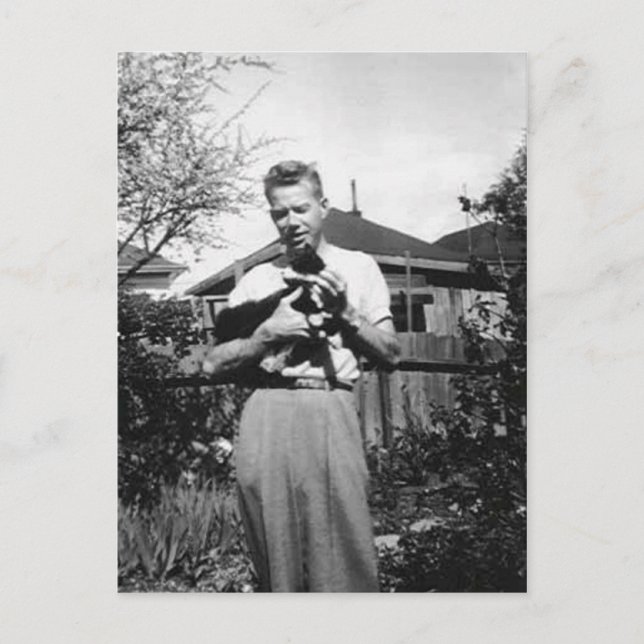 man holding kitty postcard (Front)