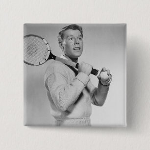 Man Holding Tennis Racket 15 Cm Square Badge