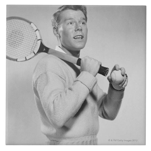 Man Holding Tennis Racket Ceramic Tile (Front)
