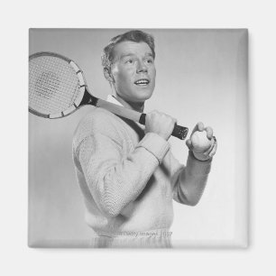 Man Holding Tennis Racket Magnet
