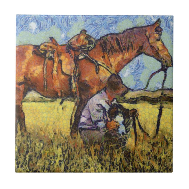 Man, horse and dog ceramic tile (Front)