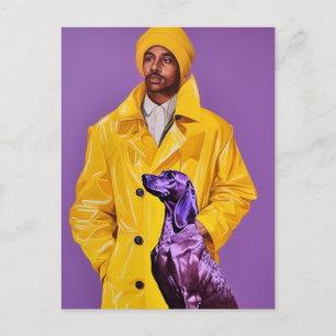 Man in a Yellow Raincoat with a Purple Dog Postcard