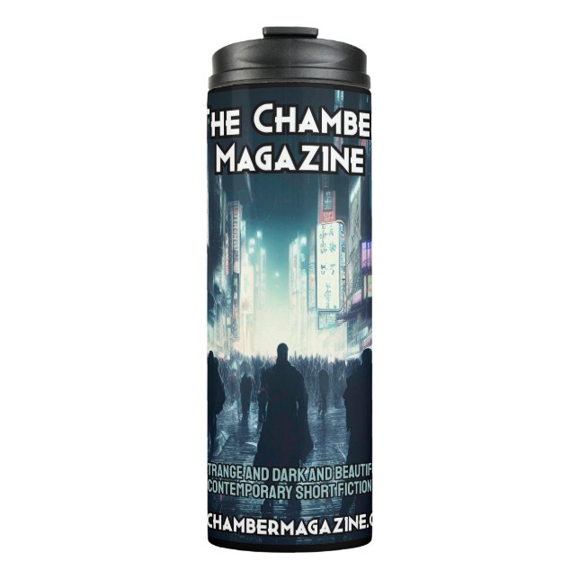 man in cyberpunk cityscape 2 chamber magazine thermal tumbler (Front)