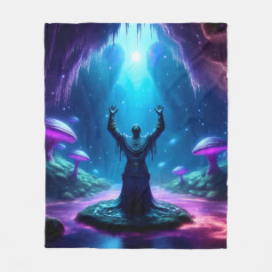 Man In Flowing Robe Raises Arms Upward Glowing Orb Fleece Blanket