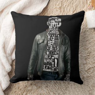 Man in Leather Jacket & Jeans Black White Cushion
