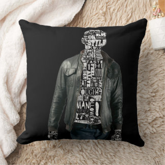 Man in Leather Jacket & Jeans Black White Cushion