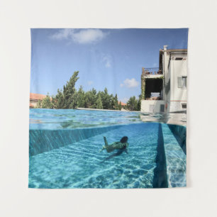 Man in swimming pool in the morning tapestry