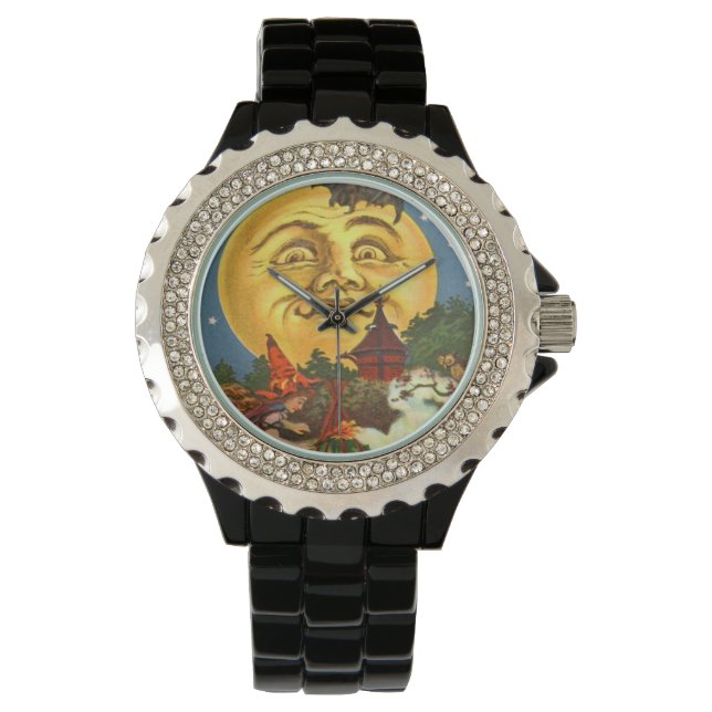 Man In The Moon Black Cat Witch Bat Full Moon Watch (Front)