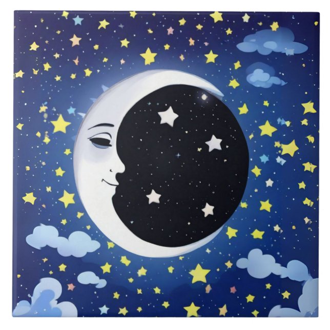 Man in the Moon on a Starry Background  Ceramic Tile (Front)