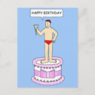 Man in Underpants on Cake Happy Birthday Postcard